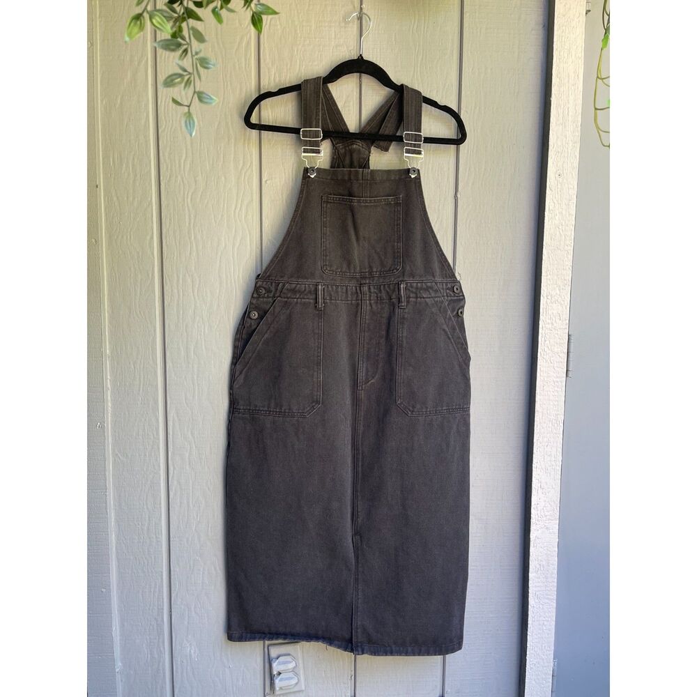 Women’s Washed Charcoal Denim Overall Midi Dress Pinafore